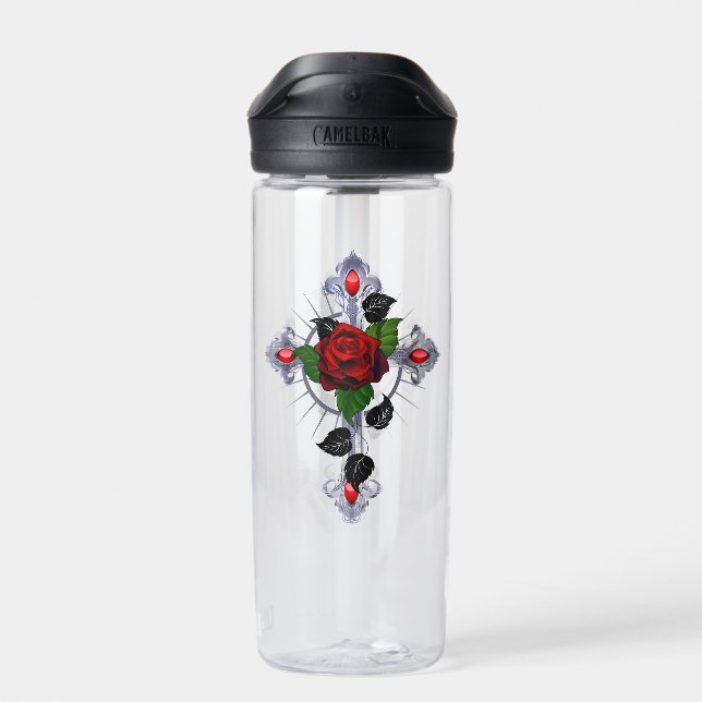 Botella De Agua Cruz de Plata con una Rosa Roja (Atrás)