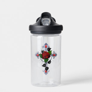 Botella De Agua Cruz de Plata con una Rosa Roja