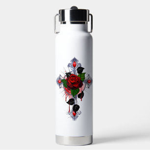 Botella De Agua Cruz de Plata con una Rosa Roja