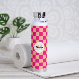 Botella De Agua Cuadrados a cuadros melocotón rosa caliente retro