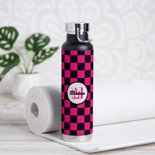 Botella De Agua Cuadrados controlados Monograma retro negro rosado