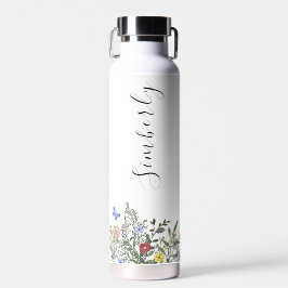 Botella De Agua Cuidada Acuarela Moderna Floral Blanco Y Púrpura