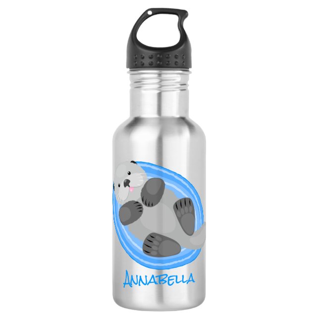 Botella De Agua Cuidada y feliz nutria azul personalizado ilustrac (Anverso)