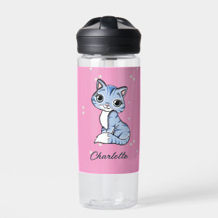 Botella De Agua Cuidar gato azul en nombre personalizado rosa