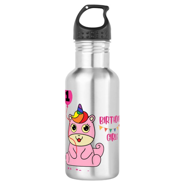 Botella De Agua cumpleaños chica de unicornio (Anverso)
