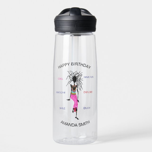 Botella De Agua Cumpleaños, mujer africana guerrera bailando (Delante)