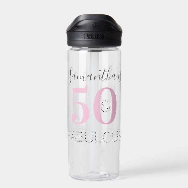 Botella De Agua Cumpleaños personalizado, rosa moderno 50 y fabulo (Atrás)