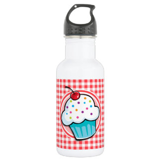 Botella De Agua Cupcake dulce sobre rojo y blanco Gingham