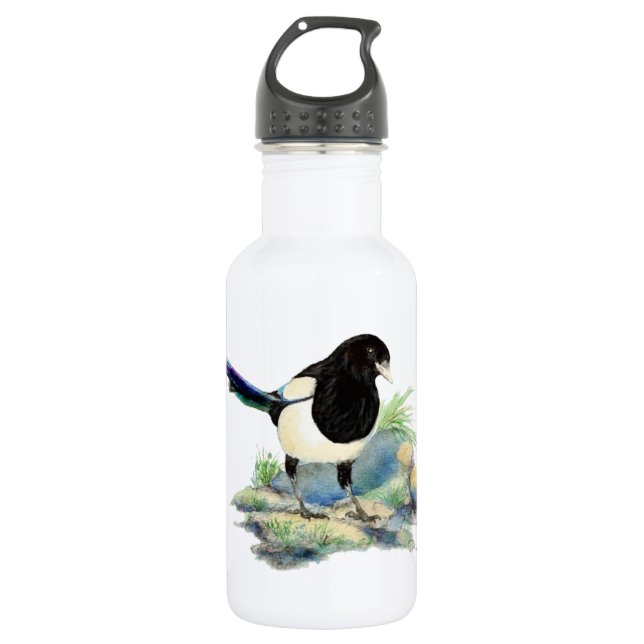 Botella De Agua Curiosa acuarela Magpie Bird Art (Anverso)