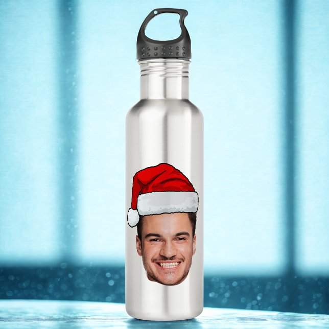 Botella De Agua Custom Face Photo Santa Hat Christmas (Subido por el creador)