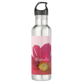 Botella De Agua Custom Name Monogram Red Flower Pastel Pink Floral