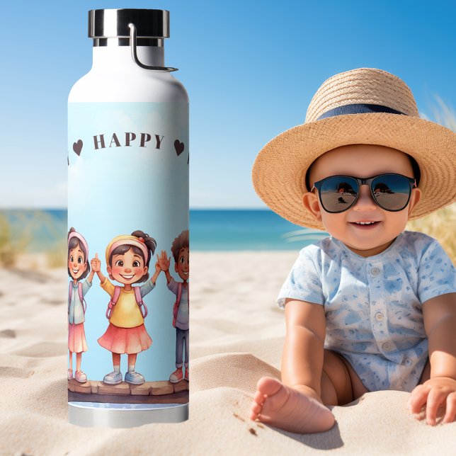 Botella De Agua Cuta acuarela Feliz verano para los niños (Water bottle featuring a cute watercolor illustration of happy children - teacher - mom - summer)
