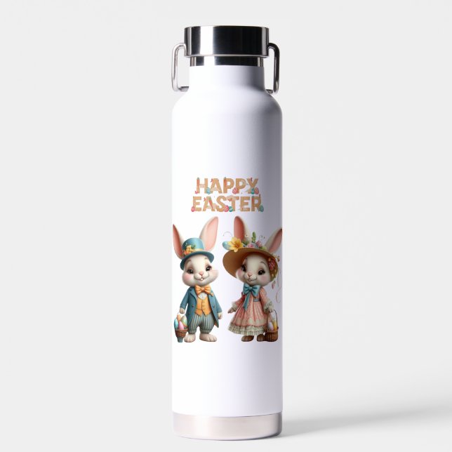 Botella De Agua Cuta, caprichosa Pascua feliz con 2 conejos (Delantero)
