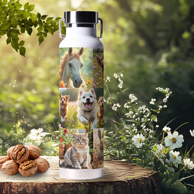 Botella De Agua Cute Animals and Pets Artistic Photo Collage (Water bottle featuring a personalized animal or pet photo collage)
