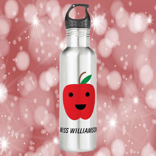 Botella De Agua Cute Apple Kawaii Red Personalize (A water bottle with a cute red apple with a smile)