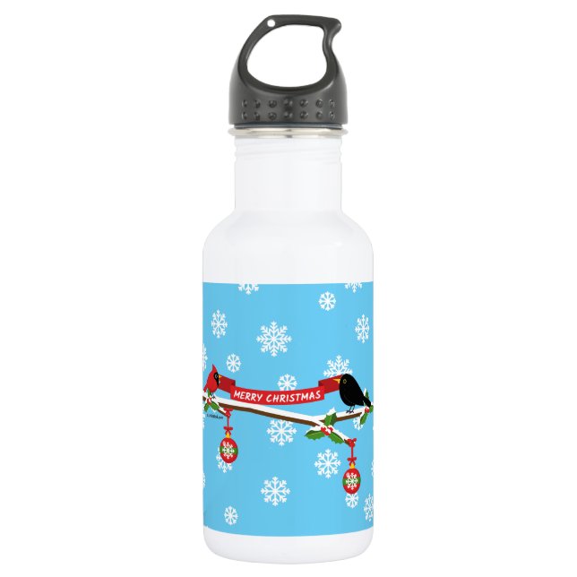 Botella De Agua Cute Blackbird Y Cardenal En Sucursal - MERRY XMAS (Anverso)