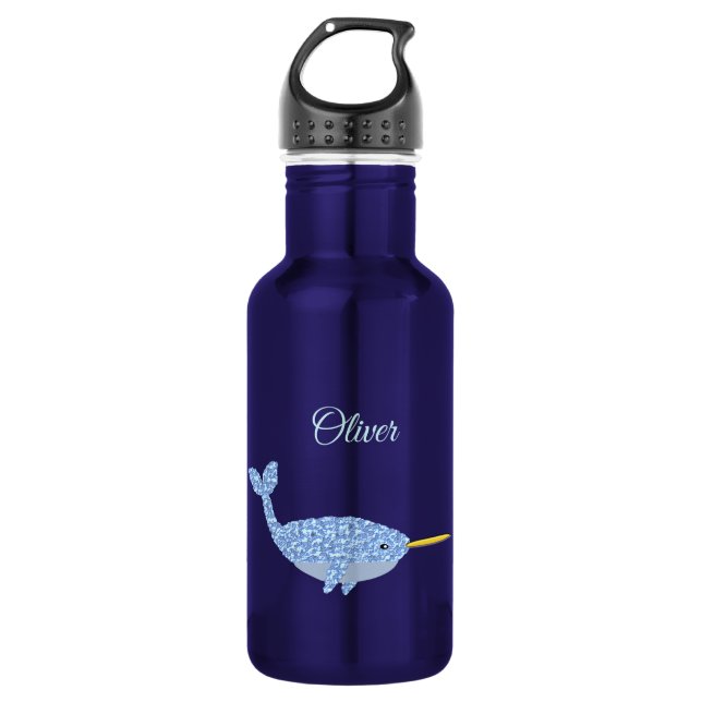 Botella De Agua Cute Blue Baby Boy Narwhal Custom Name (Anverso)