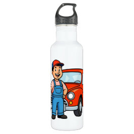 Botella De Agua Cute Cartoon Mechanic with Red Car Illustration