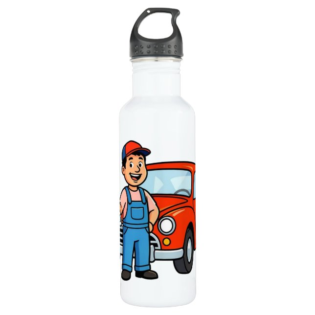 Botella De Agua Cute Cartoon Mechanic with Red Car Illustration (Anverso)