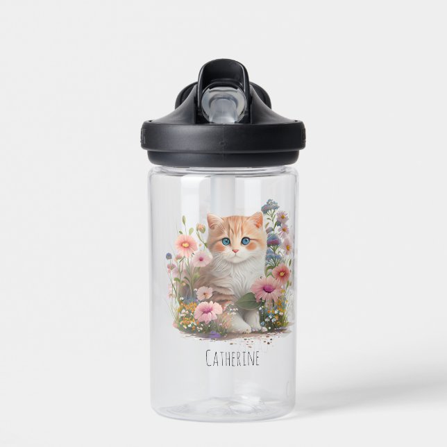 Botella De Agua Cute Cat Kitten Floral acuarela personalizada (Delante)