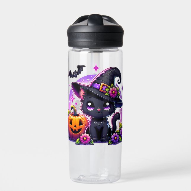 Botella De Agua Cute Chibi Halloween Gato negro y Calabaza (Delante)