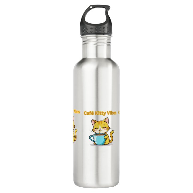 Botella De Agua **Cute Coffee Cat – Adorable Cat Drinking Coffee I (Anverso)