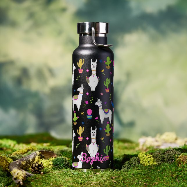 Botella De Agua Cute Colorful Alpaca Cactus Personalized Name (Al aire libre (girado))