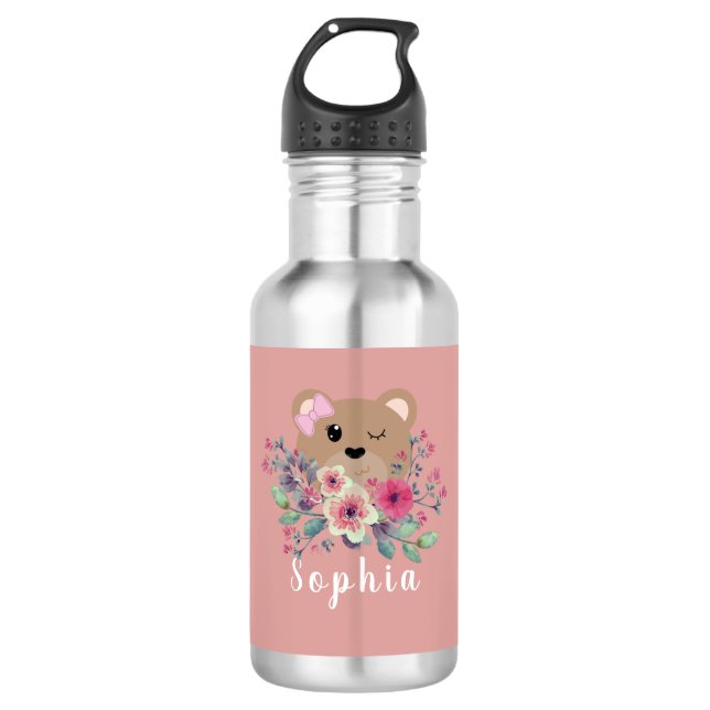 Botella De Agua Cute Girly Rubor Pink Teddy Bear Floral Niños (Anverso)