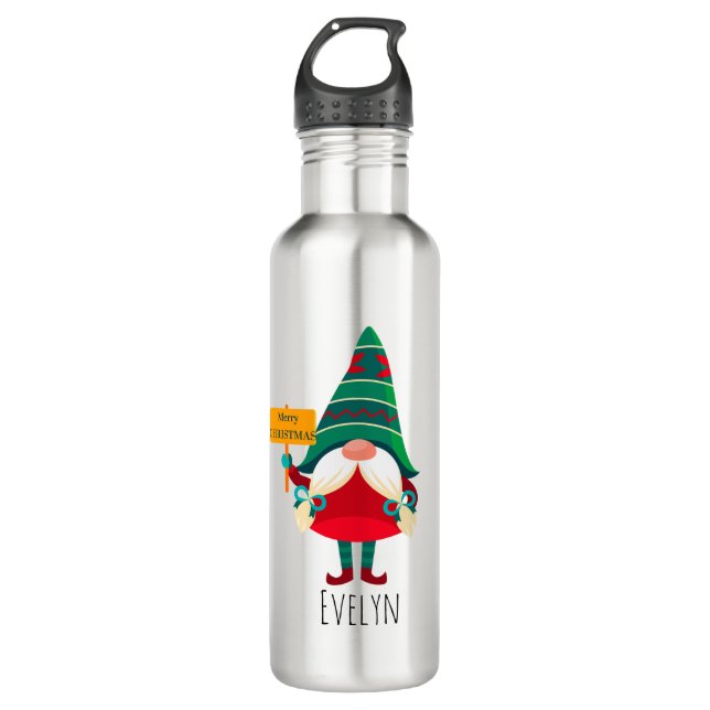 Botella De Agua Cute Gnome Holding Placard con saludos (Anverso)