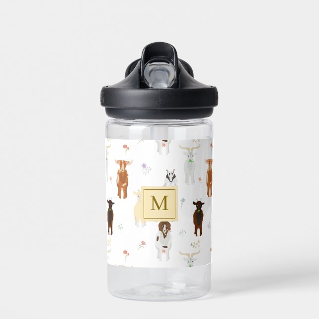 Botella De Agua Cute Goats Farm Animals Monogrammed  (Delante)