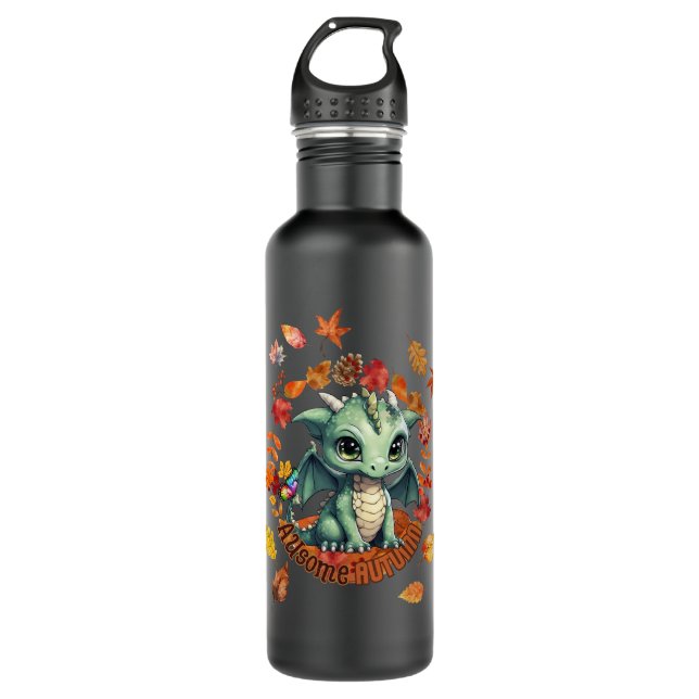 Botella De Agua Cute Green Dragon “Autism Awesome Autumn” Design  (Anverso)