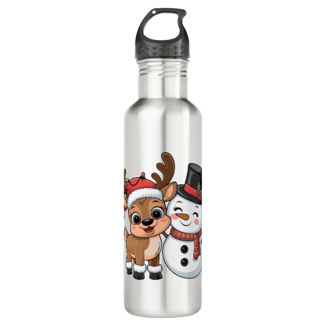 Botella De Agua Cute Holiday Reindeer & Snowman (Anverso)