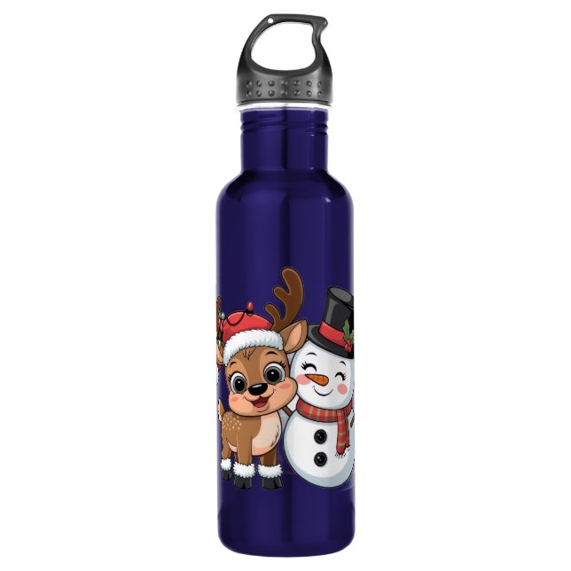 Botella De Agua Cute Holiday Reindeer & Snowman (Anverso)