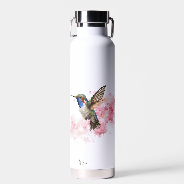 Botella De Agua Cute Hummingbird Floral acuarela personalizada (Delantero)