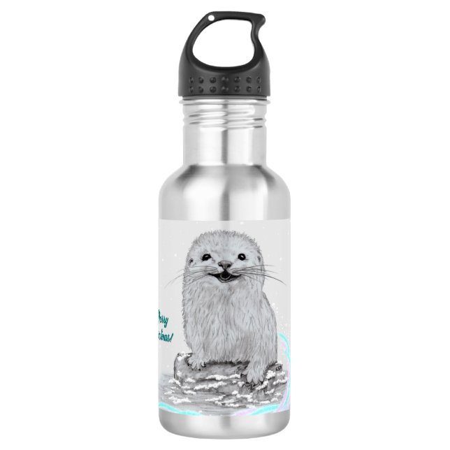 Botella De Agua Cute White Baby Sea Otter , Merry Christmas (Anverso)