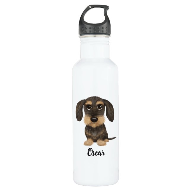 Botella De Agua Dachshund de cabello alambrado| Teckel con texto P (Anverso)