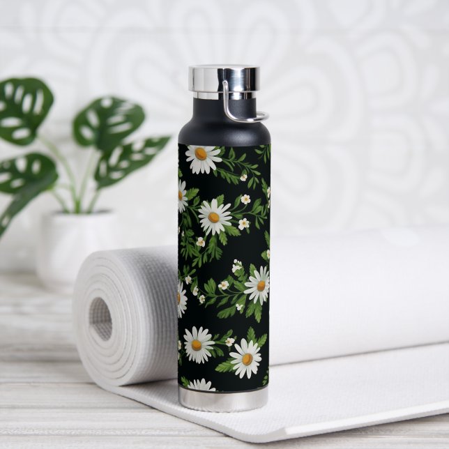 Botella De Agua Daisies De Acuarela Sobre Negro (Yoga)