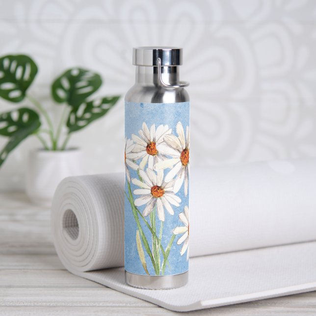 Botella De Agua Daisy Bouquet De Acuarela Sobre El Azul (Yoga)