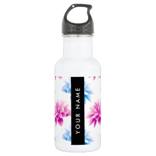 Botella De Agua Dalia Rosa y Azul, Patrón Floral, Tu Nombre