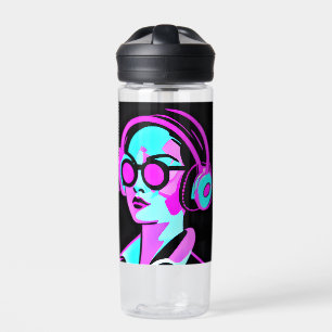 Botella De Agua Dama personalizada con auriculares disfrutando la
