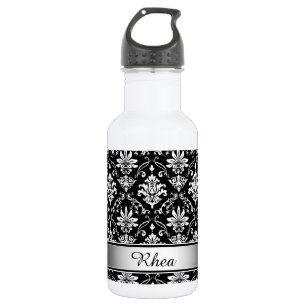 Botella De Agua Damasco blanco y negro del monograma