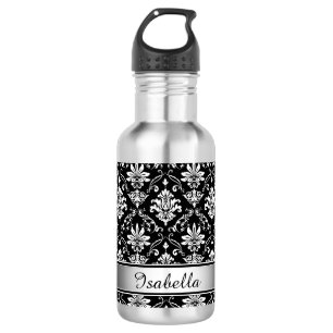 Botella De Agua Damasco blanco y negro del monograma
