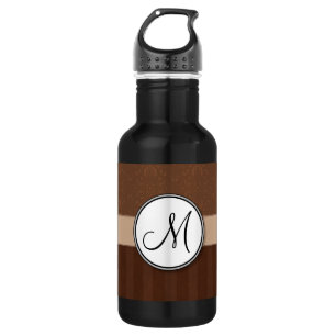 Botella De Agua Damasco de cuero marrón con rayas y monograma