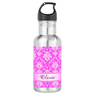Botella De Agua Damasco rosado del monograma