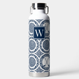 Botella De Agua Damask de Golf Preppy – Bolas y Palos en Azul Mari