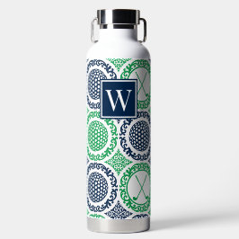 Botella De Agua Damask de Golf Preppy – Bolas y Palos en Verde Mar