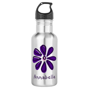 Botella De Agua Dark Purple Flower Doodle tu nombre