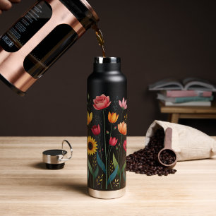 Botella de agua de acero inoxidable con flores neg