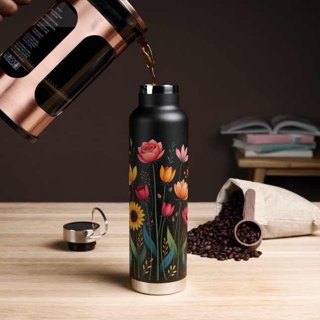 Botella de agua de acero inoxidable con flores neg (Café (girado))