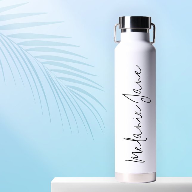 Botella de agua de boda blanca con letra manuscrit (Stylishly Personalize with Your Cusom Name.)